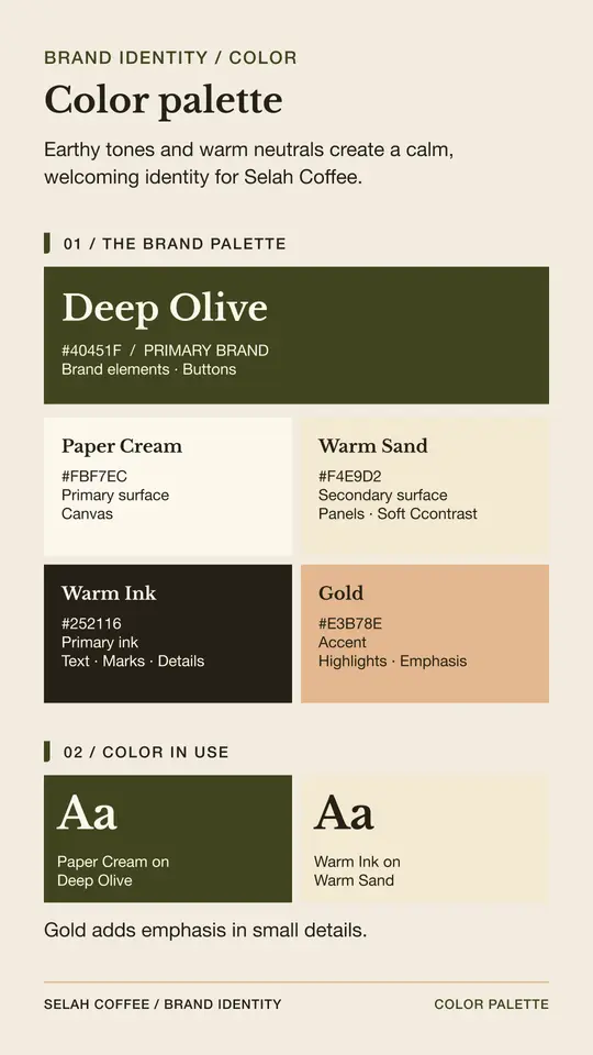 Selah Coffee color palette showing Deep Olive #40451F, Paper Cream #FBF7EC, Warm Sand #F4E9D2, Warm Ink #252116, and Gold #E3B78E, with examples of color use.
