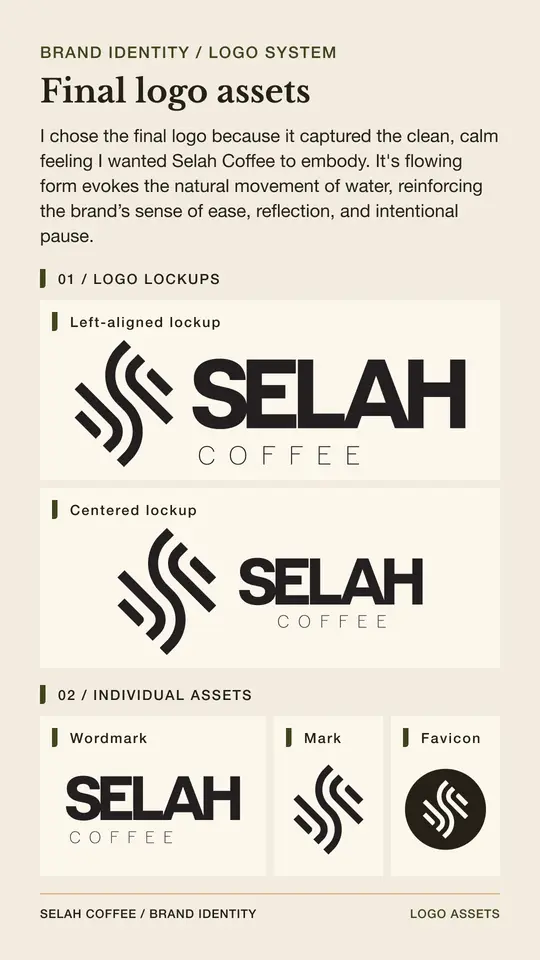 The final Selah Coffee logo system with a flowing S-shaped mark, left-aligned and centered lockups, standalone wordmark, brand mark, and circular favicon.