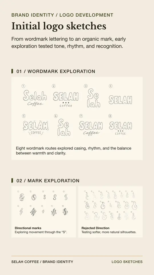 Early Selah Coffee logo sketches showing eight wordmark explorations, directional S-shaped marks, and rejected organic mark concepts.