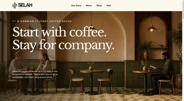 Desktop walkthrough of the Selah Coffee website, from the home page through its brand story and site sections.