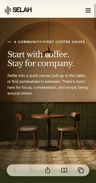 Mobile walkthrough of the Selah Coffee website showing its responsive home page, navigation, and content sections.